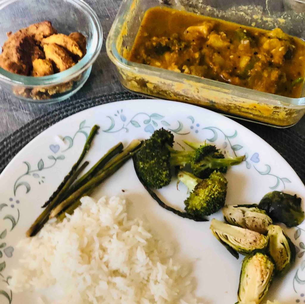 Lunch chicken , veggies and lentils