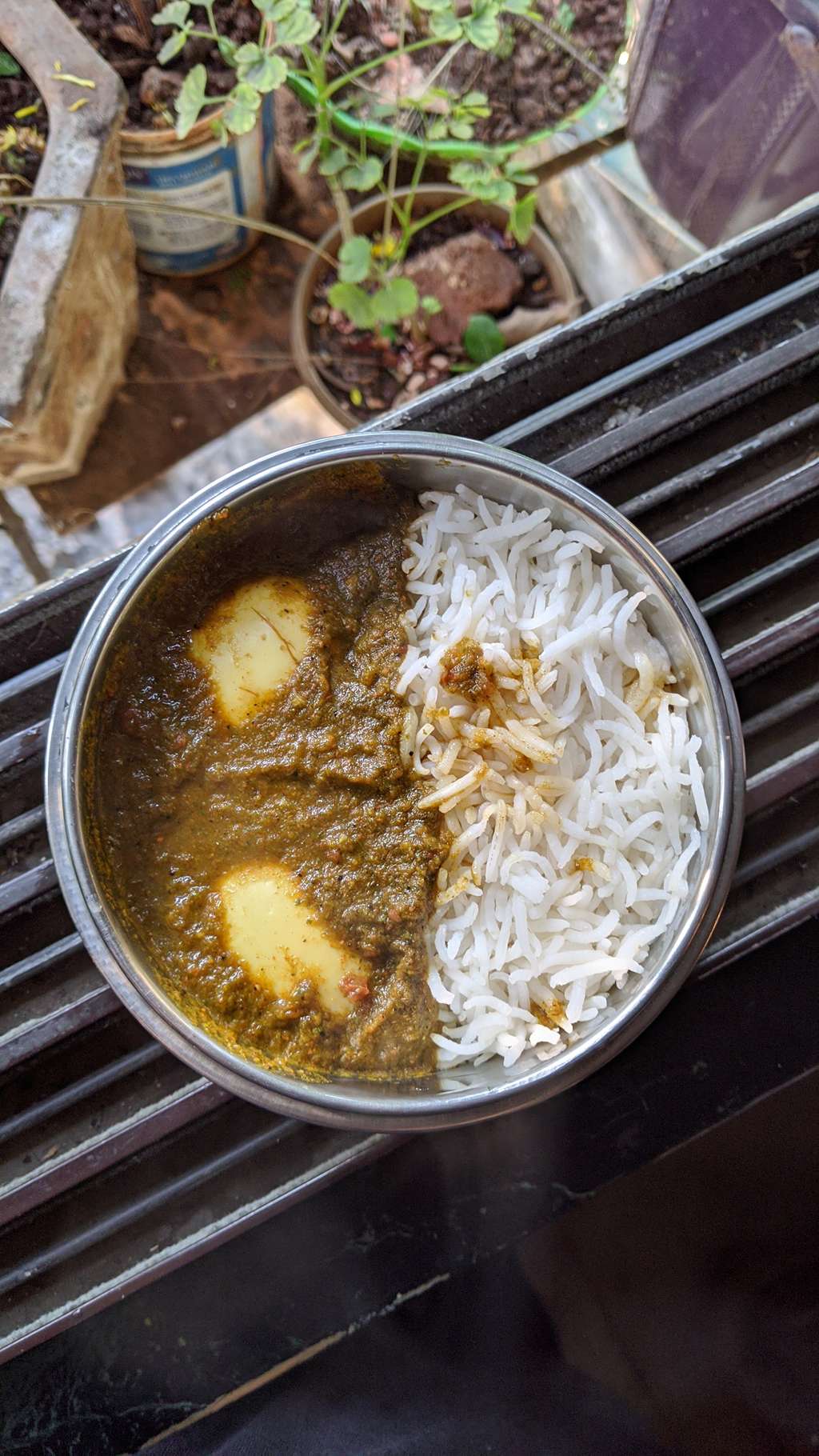 That first paalak egg curry rice in my Tiffin