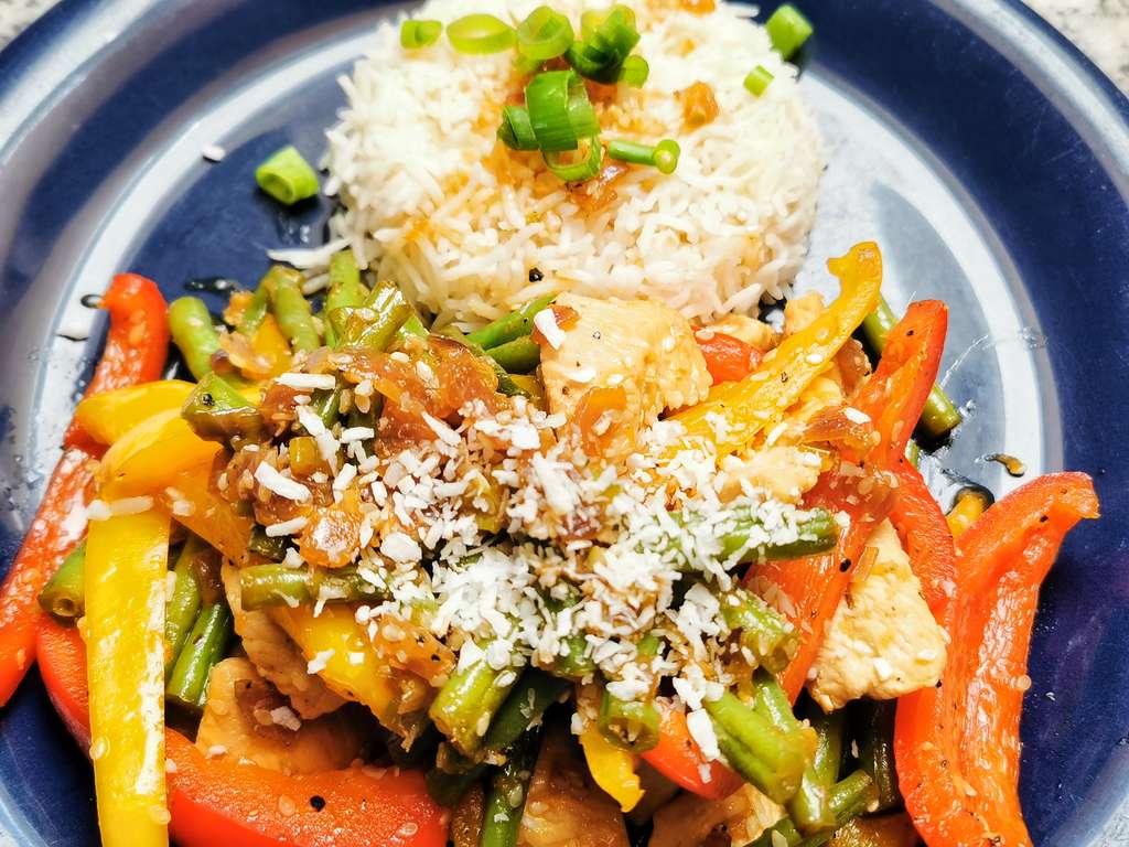 Teriyaki Chicken with Green Beans, Bell Pepper and Coconut Rice