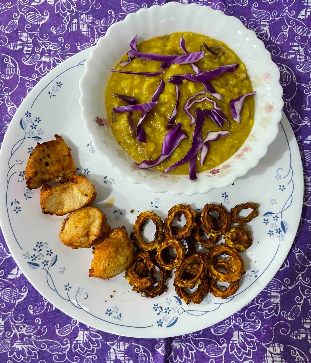Oats Moong daal with chicken tikka aur karela 