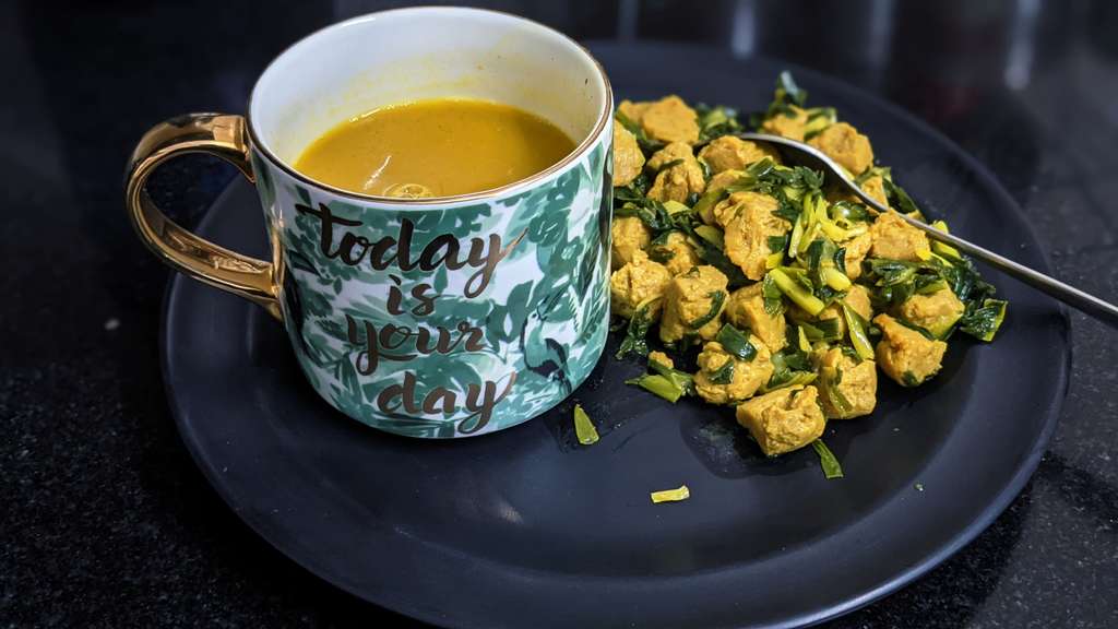 sauteed Soya chunks with Pumpkin soup