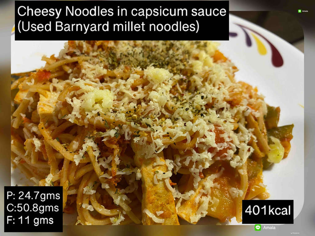 Cheesy Barnyard Millet Noodles in capsicum 