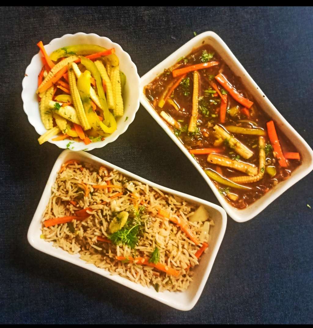 Fried Rice with Veg Gravy and Sauted veggies