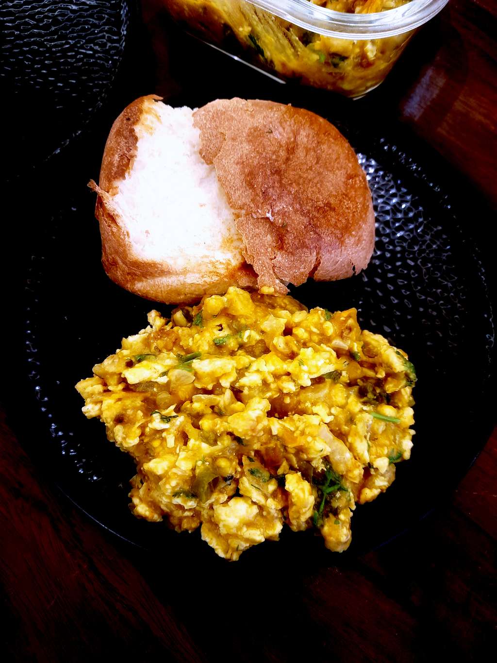 Egg Dal tadka with bread or bun.