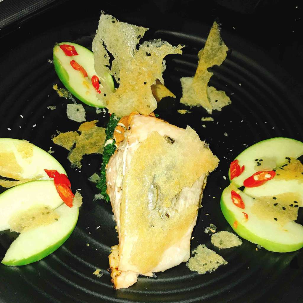 Salmon almond spinach crispy rice and apple