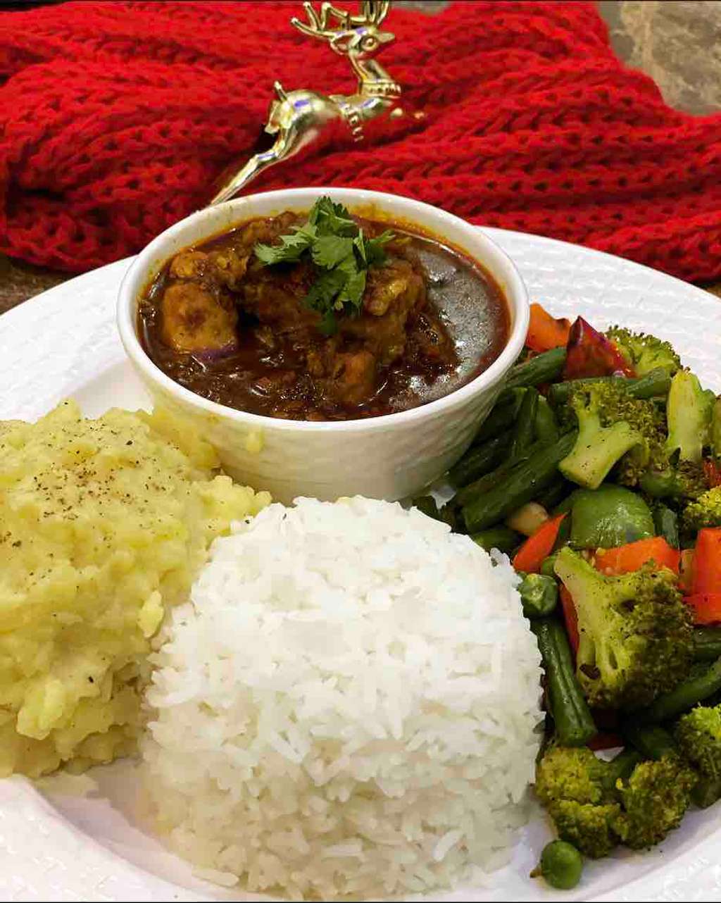 Basa fish curry, mashed potato and steamed rice