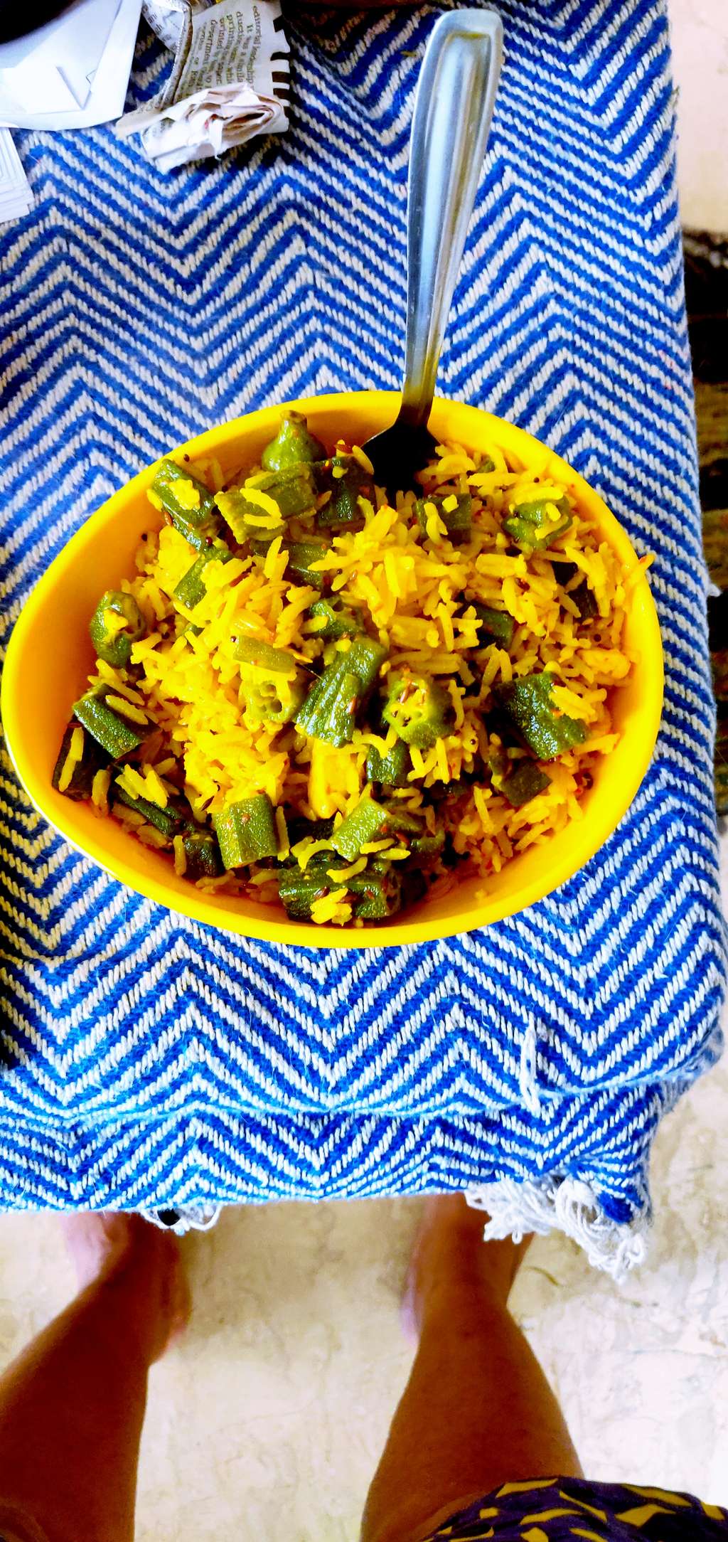 Brown rice with bhindi and paneer mix