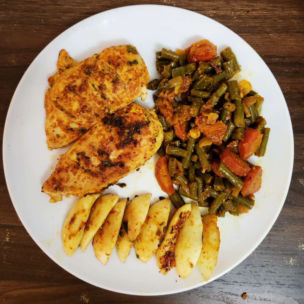 Pan grilled Chicken Steak & egss with veggies