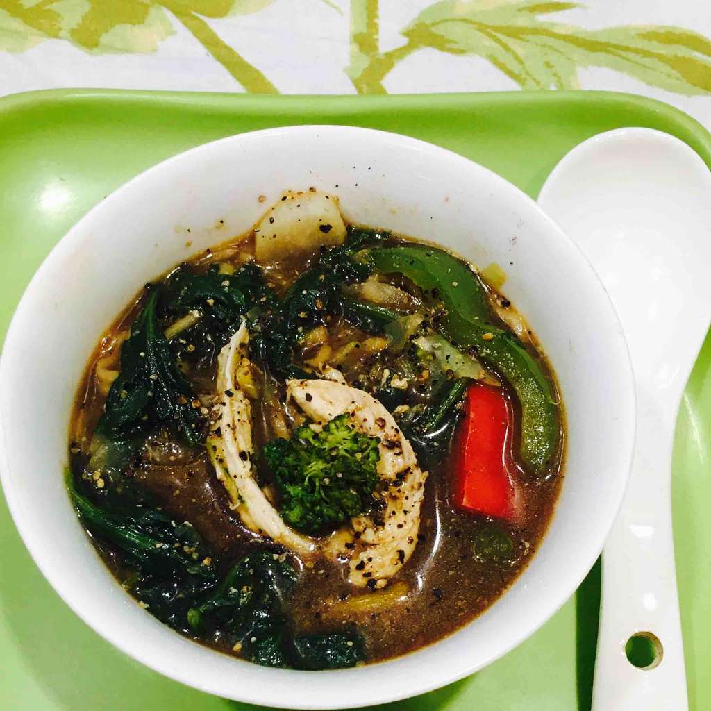 Peppery chicken noodle soup with winter veggies 