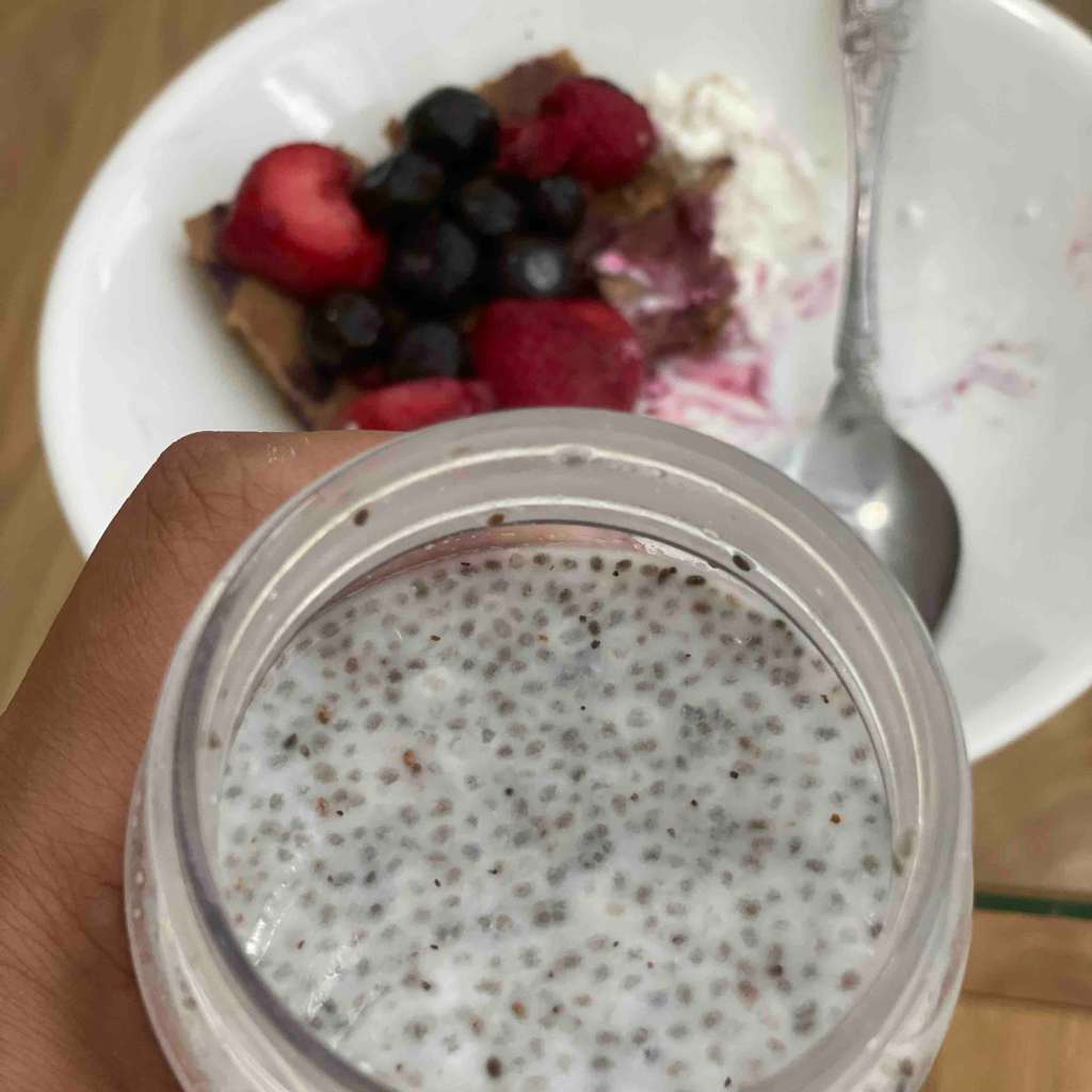 Berry laden protein cake with chia lassi! 