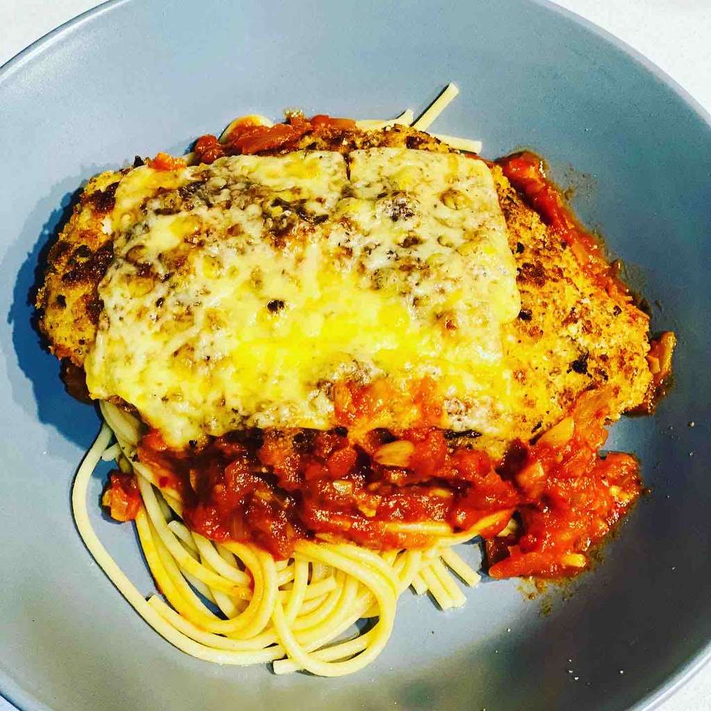 Chicken Parma with spaghetti 