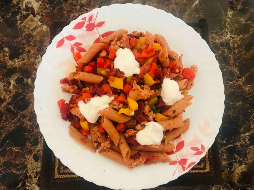 Chicken wheat pasta with veg overload