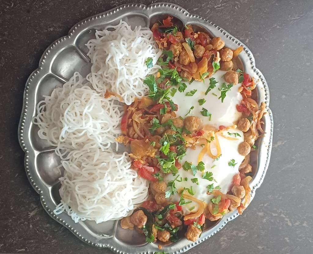Idiyappam, egg and soya curry 