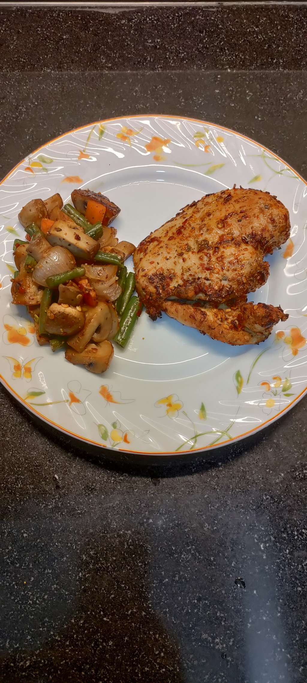 Air fried chicken breast with saute veggies