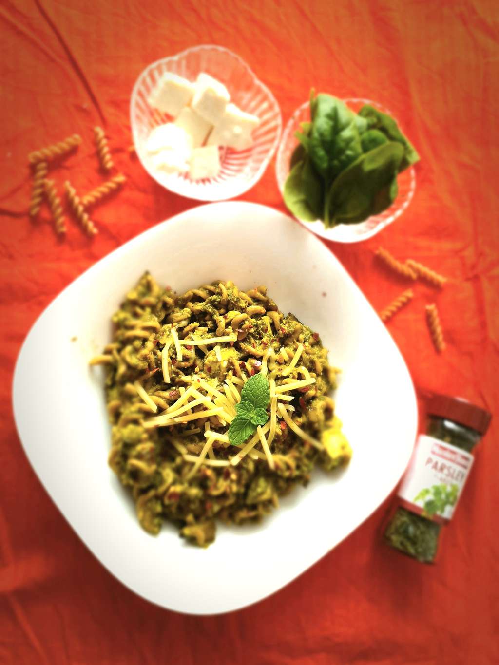Spinach Basil Paneer Pasta.