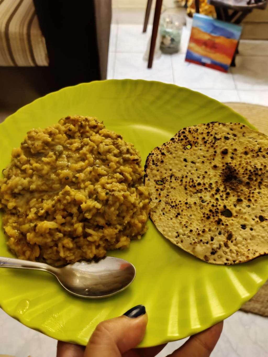 green moong dal ki khichdi and roasted papad 
