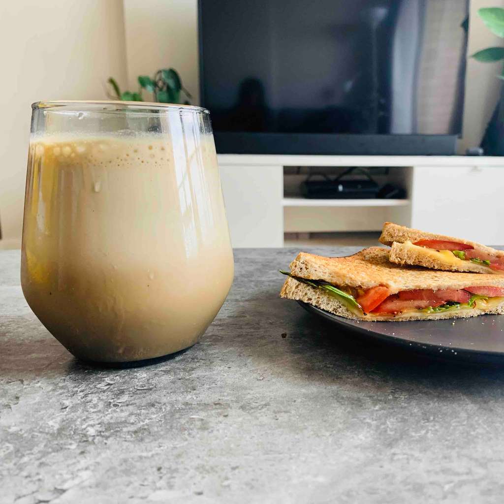 Cheese sandwich with cold coffee
