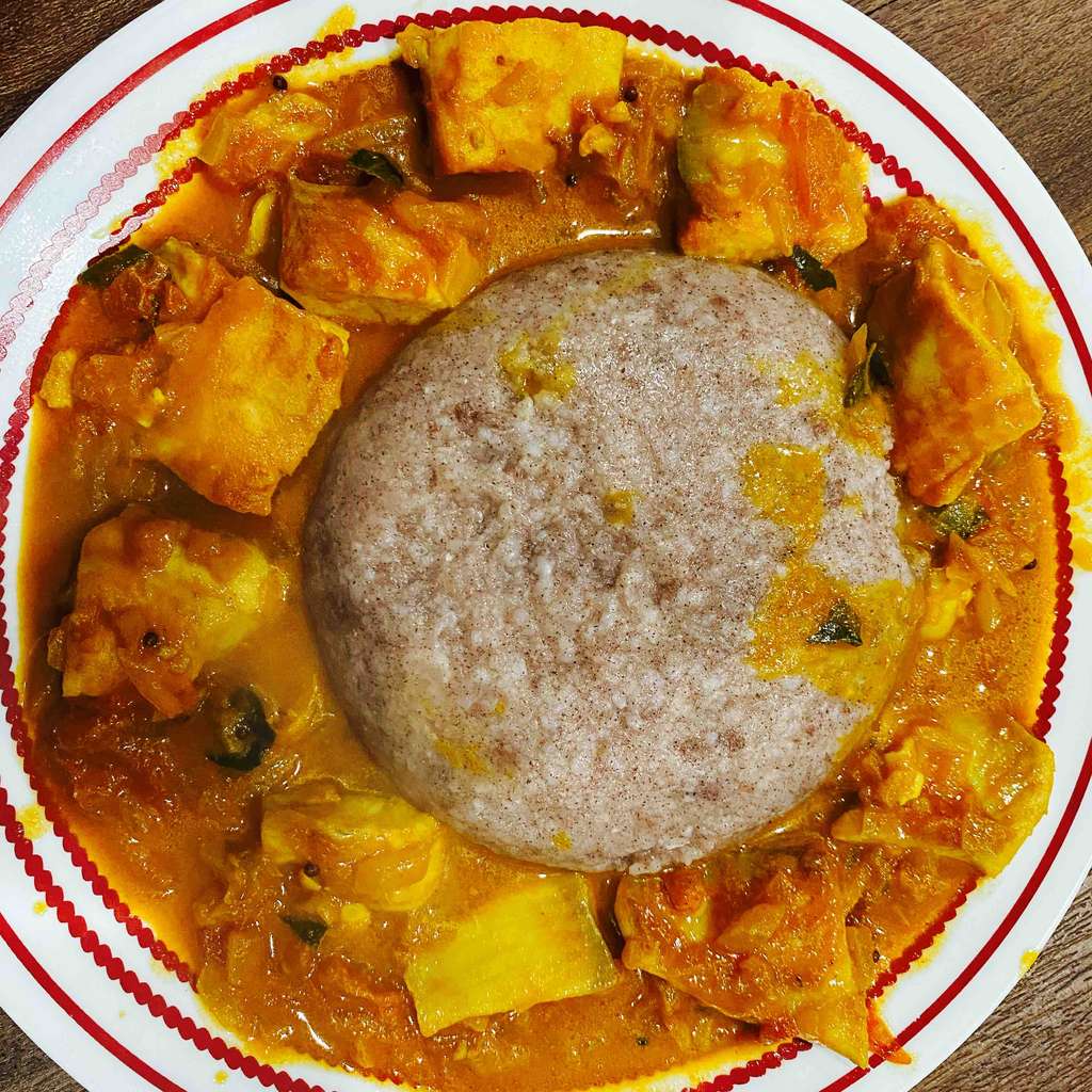 Fish curry with ragi ball ( finger millet) rice