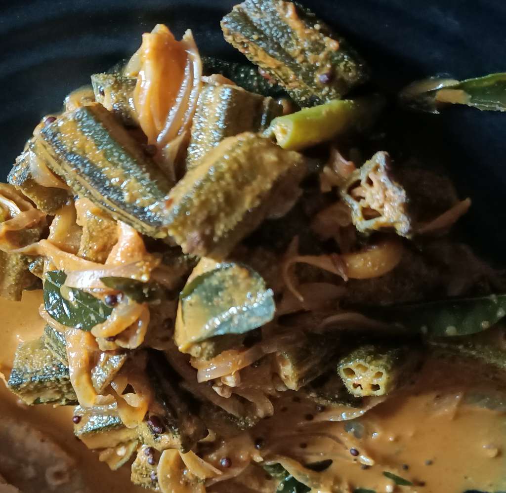 Vendakai Theeyal (okra in coconut oil and milk)