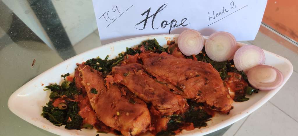 Roasted Chicken with Tomato/Spinach Sauce.