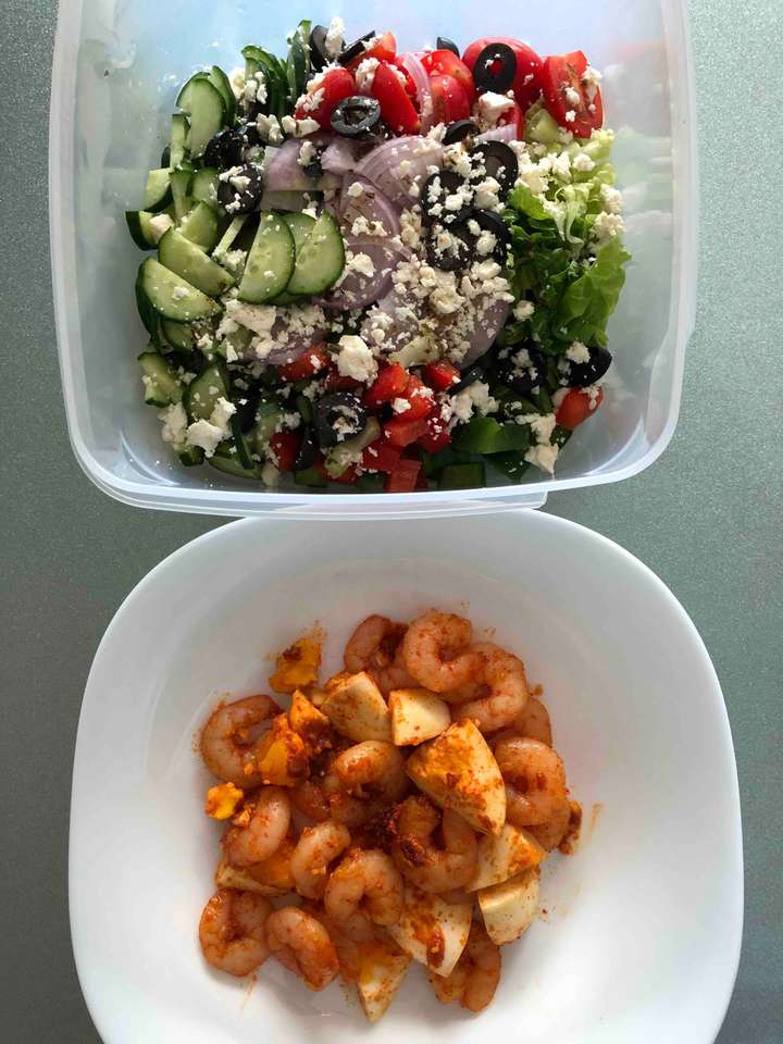 Greek Salad with Masala Prawns and Egg