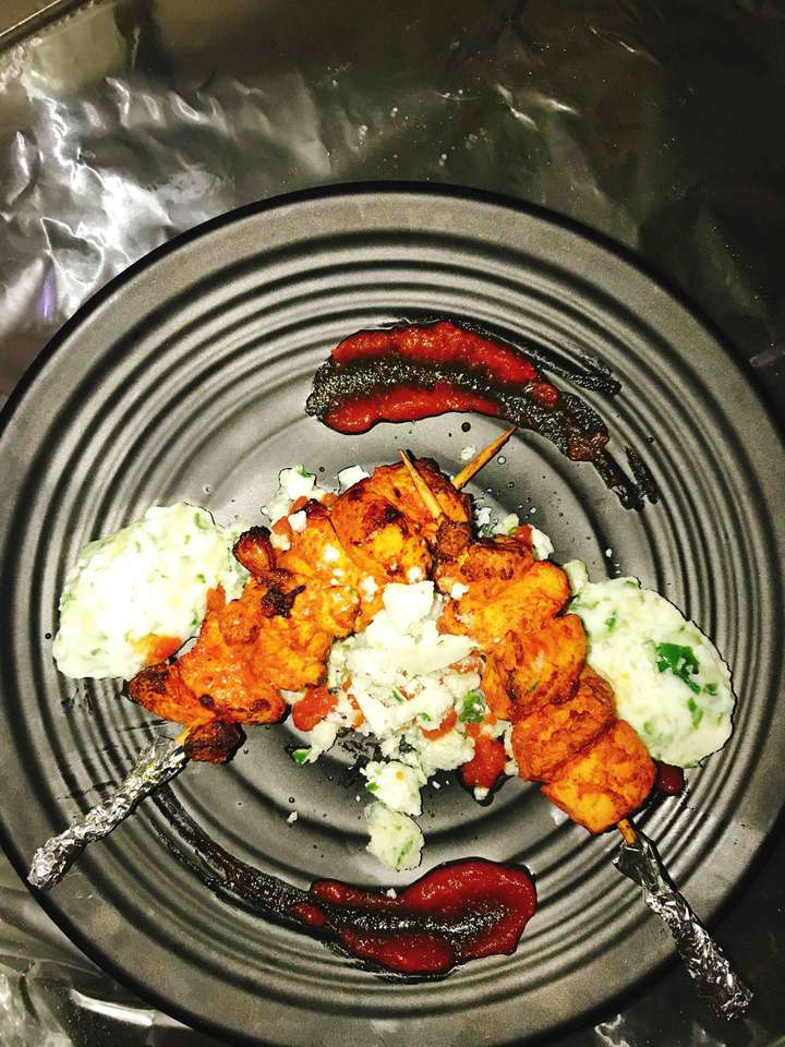 Chicken tikka with yogurt cucumber mousse and gran