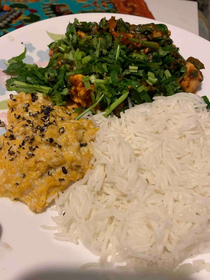 Paneer Spinach Curry with scrambled eggs