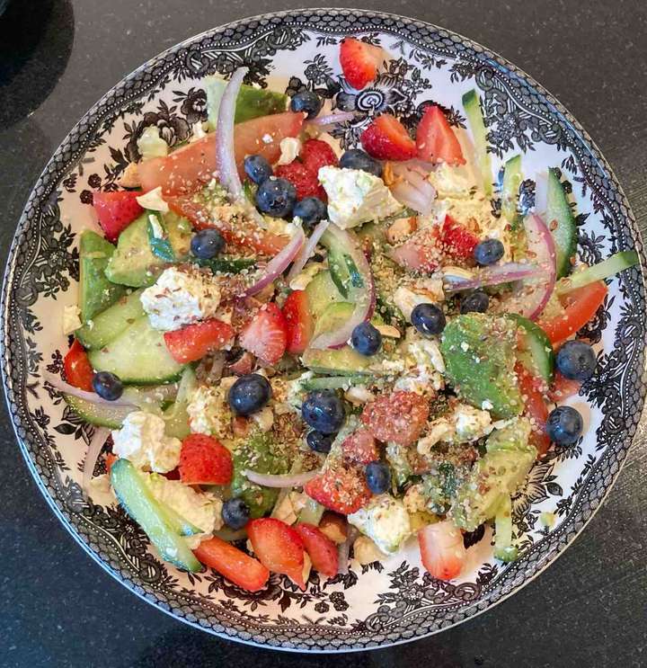 Delicious avocado cucumber berries salad (a full meal)