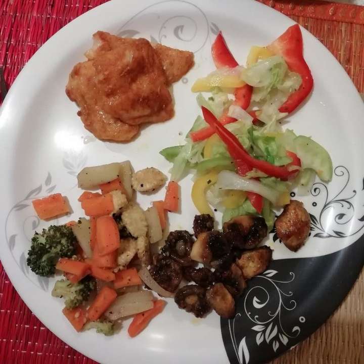 Basa fish with crispy mushrooms & sauite veg salad