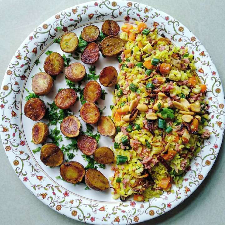 Soya veggies poha and roasted baby potatoes