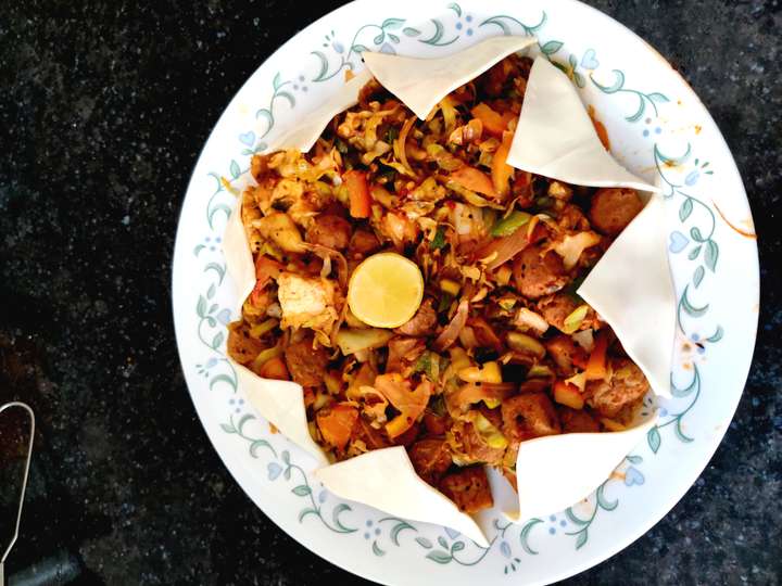 stir fried veg soya chunks with paneer & cheese