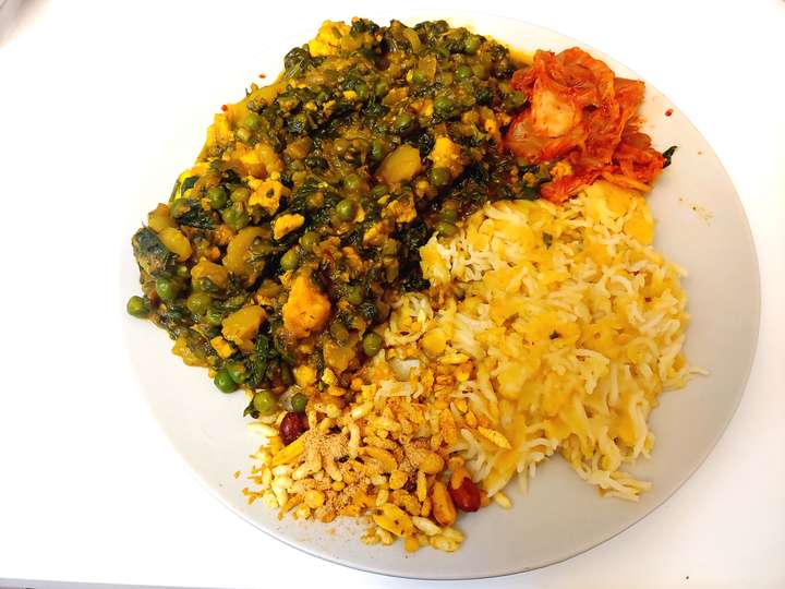 Rice with Healthy Sabji and Kimchi on side.