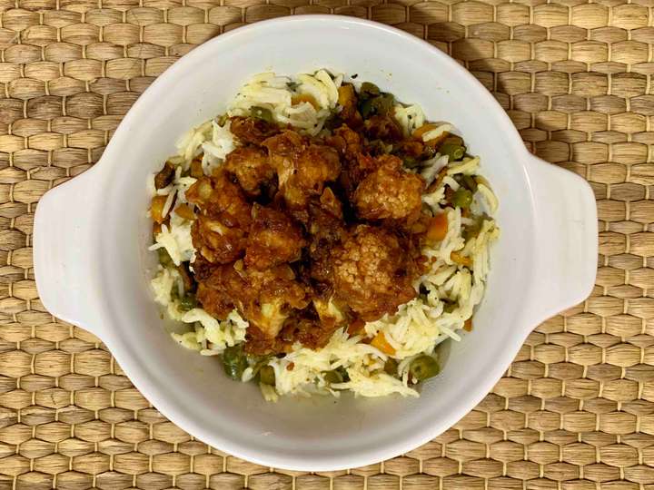 Air Fried Gobhi Manchurian and vegetable rice 
