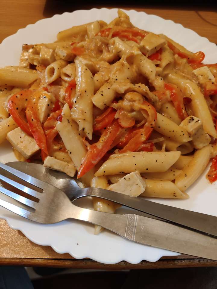 Pink Sauce Pasta with stir fry tofu.