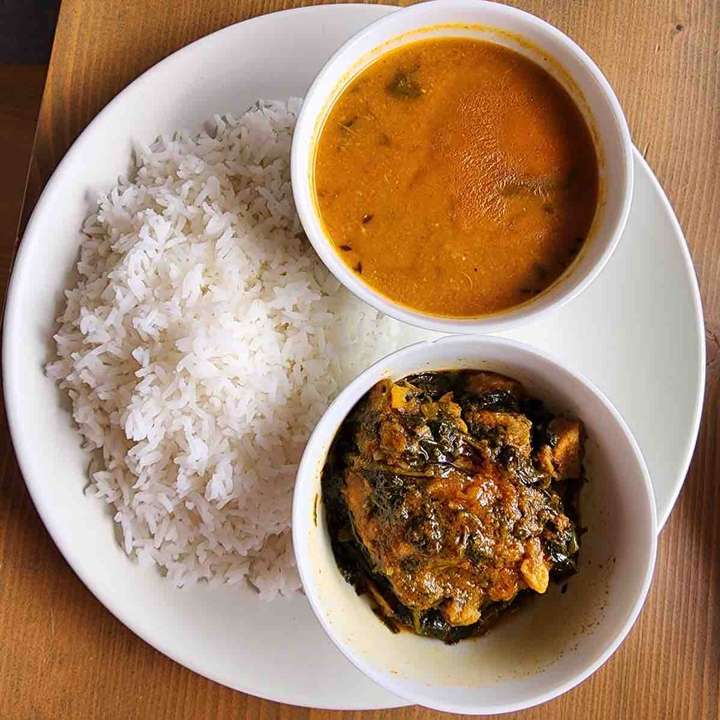 Rice-sambhar and chicken meal