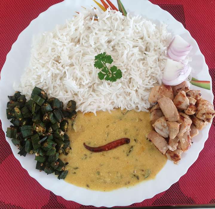 कढ़ी चावल, भिंड़ि & pan fried chicken