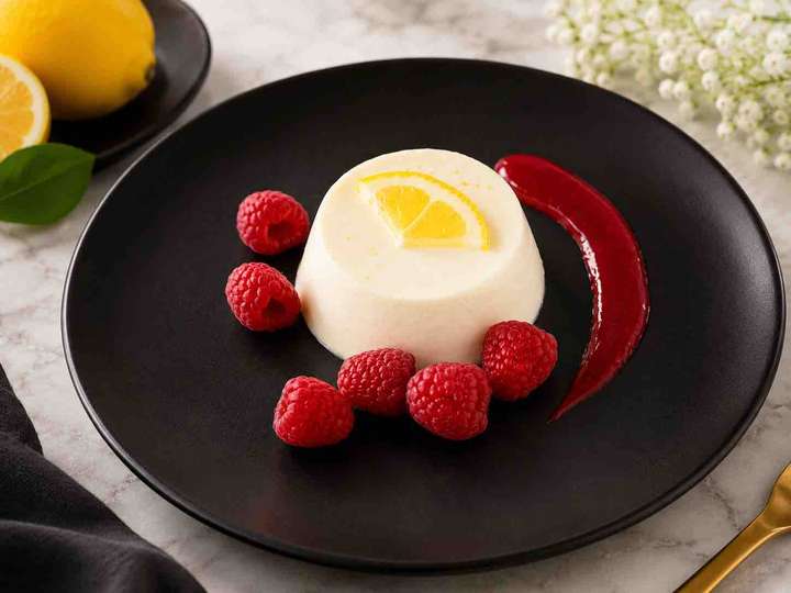 Lemon Protein Panna Cotta served with Raspberry