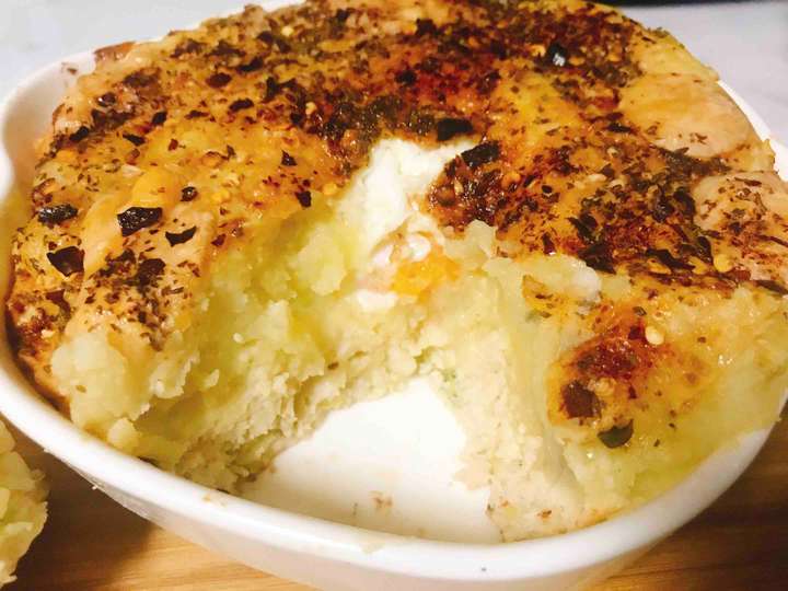 Chicken potato pie with cheese and egg. 