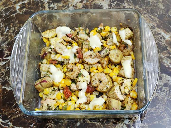 Roasted sweet potato corn and cheese salad