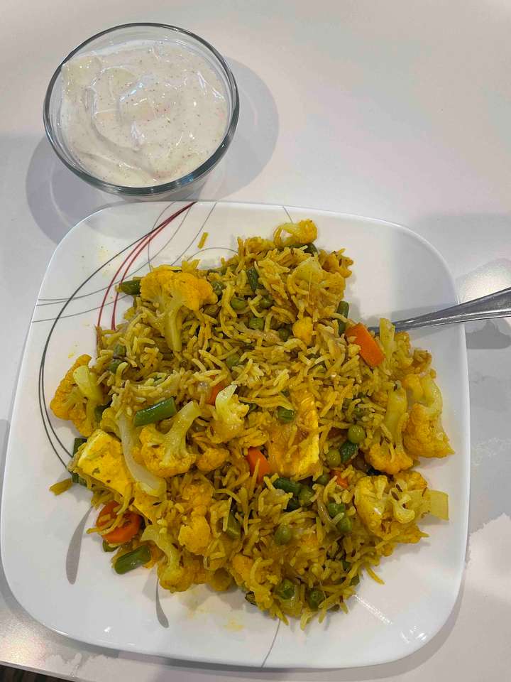 Vegetable Pulao with Greek yogurt raita