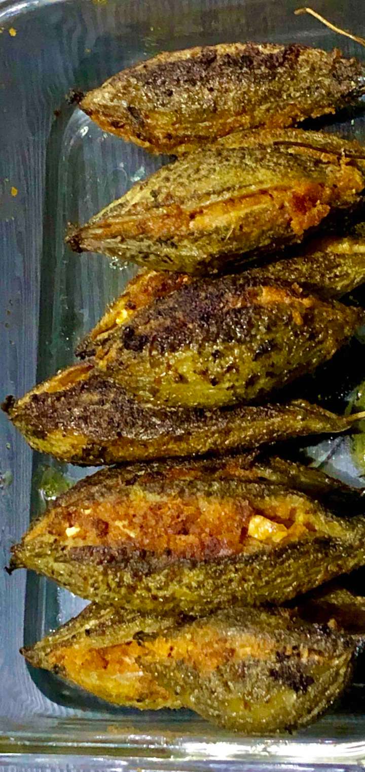 grilled and then stir fried stuffed karela ( bitter gourd)