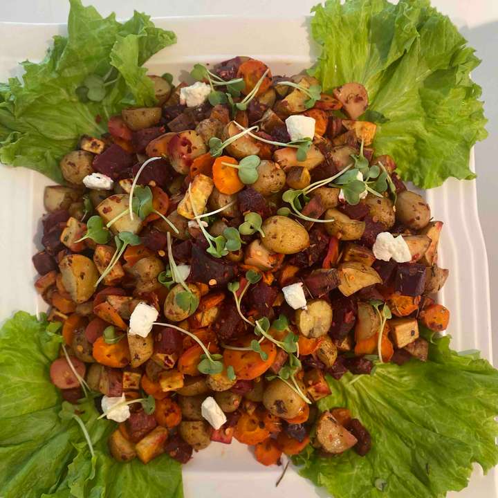 Roasted baby potato and veg salad with cottage cheese croutons