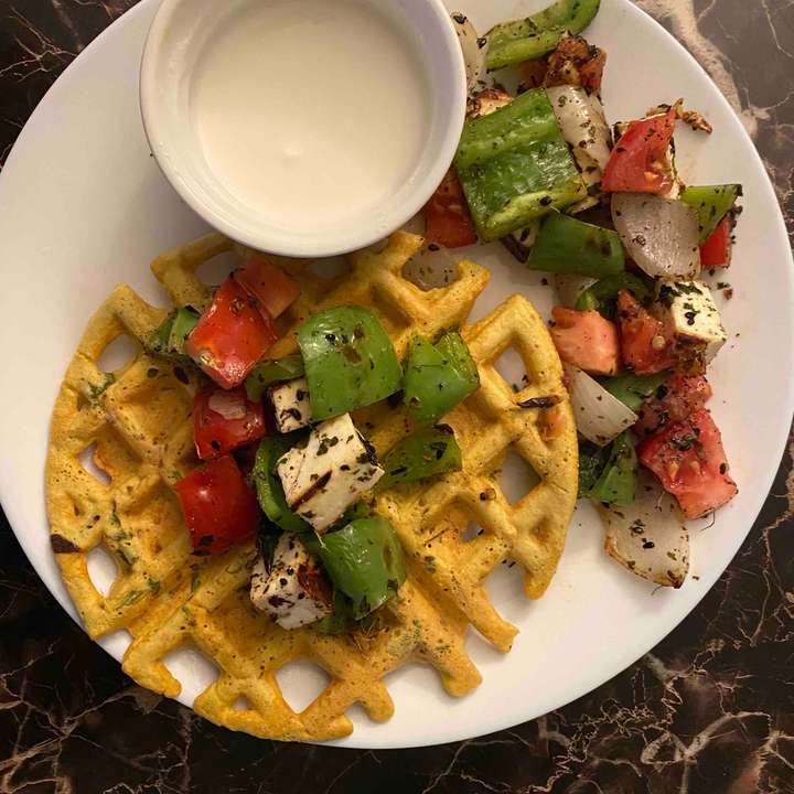 Potato Besan waffle with Paneer Hash and Yogurt