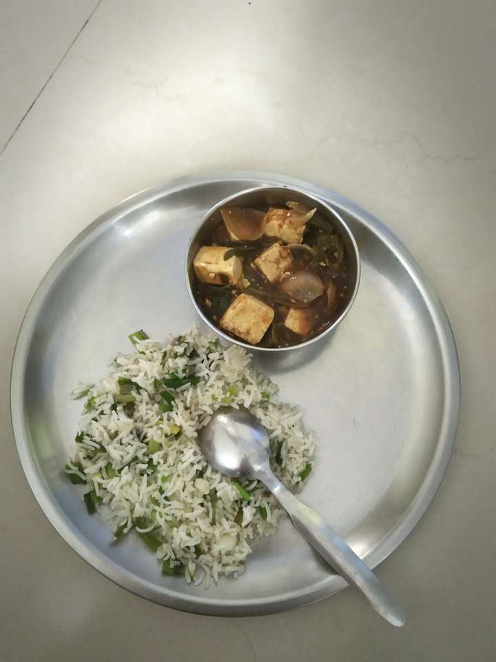 Chinese meal - Paneer Chilly Gravy and Spring onion fried rice