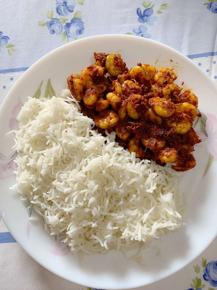 prawns fry served with rice