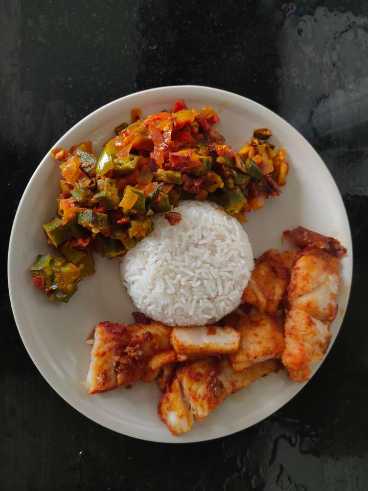 fish n rice with some veggies. 