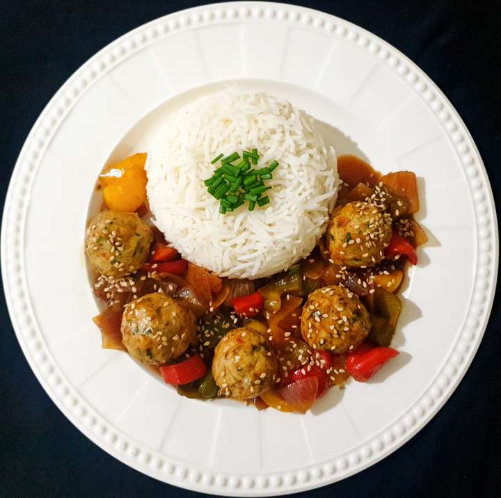 Chicken meat balls in stir fried veggies and Rice
