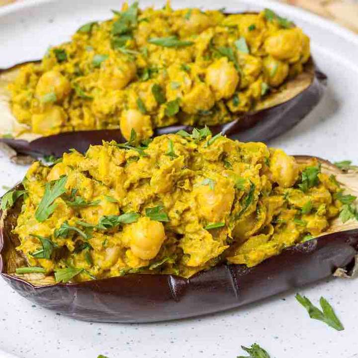 Chickpea & Tahini Stuffed Aubergine