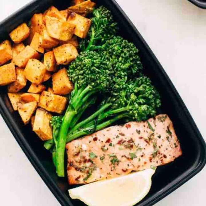 Pan seared salmon with sweet potatoe wedges