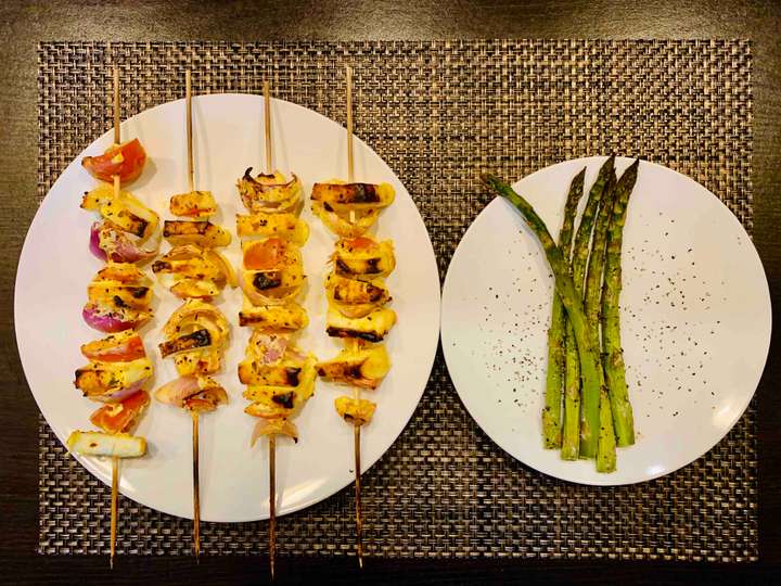 bbq paneer skewer with roasted Asparagus